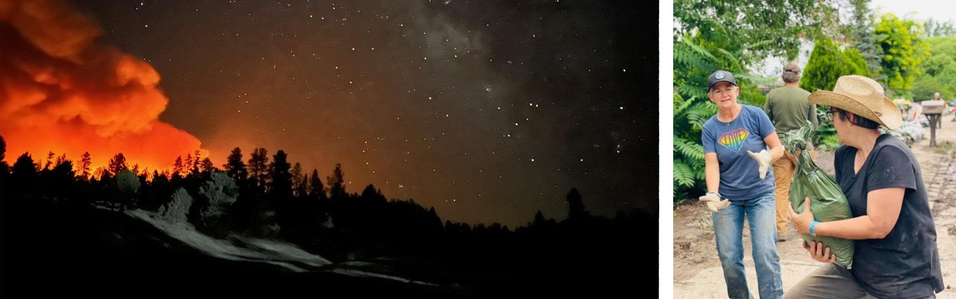 The Dragon Fire in Flagstaff burning on the left; women handling sandbags to protect properties on the right