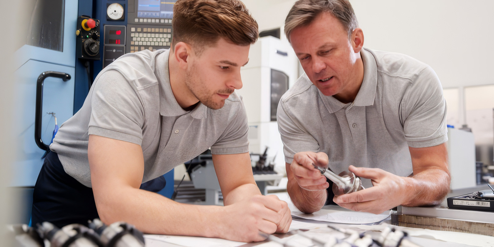 Apprenticeship with a mid-aged man showing technical equipment repair to a young man